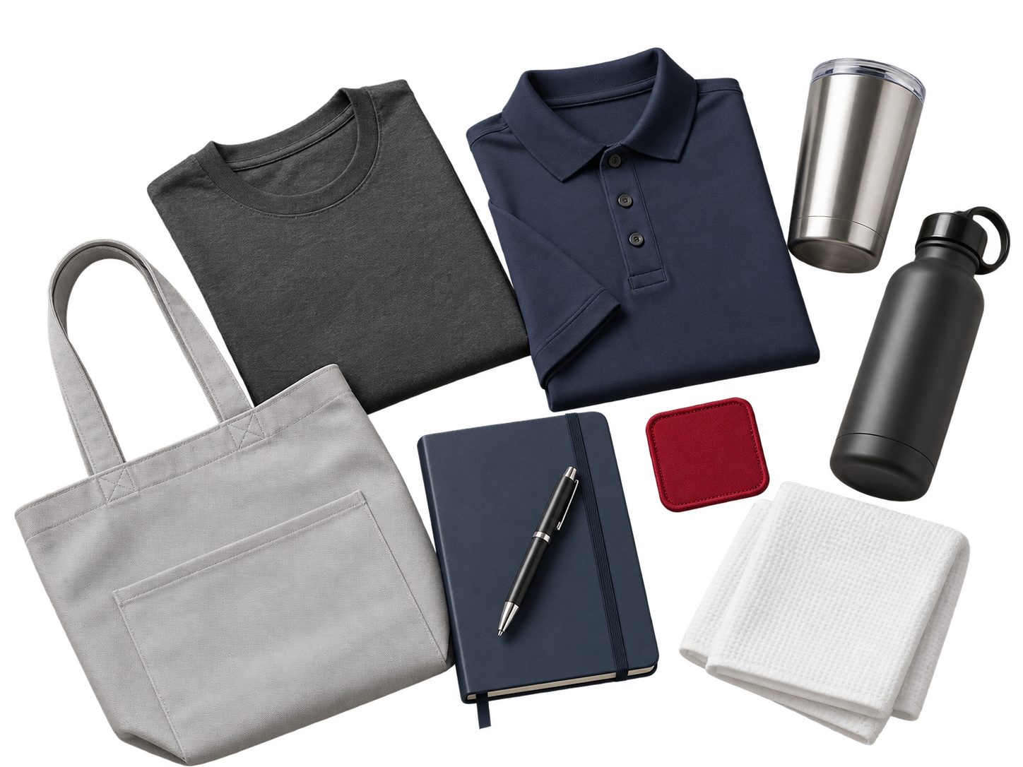 Assorted custom merchandise arranged on a studio surface